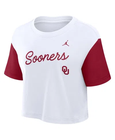 Jordan Women's White/crimson Oklahoma Sooners Color-block Script Dri-fit Cropped T-shirt In Animal Print