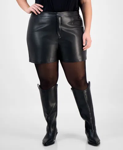 Bar Iii Trendy Plus Faux-leather High-rise Shorts, Macy's Exclusive In Black