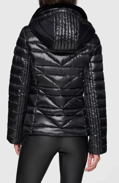 Karl Lagerfeld Paris Faux Fur Collar Quilted Puffer Jacket In Black