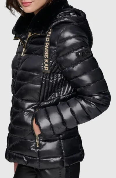 Karl Lagerfeld Paris Faux Fur Collar Quilted Puffer Jacket In Black