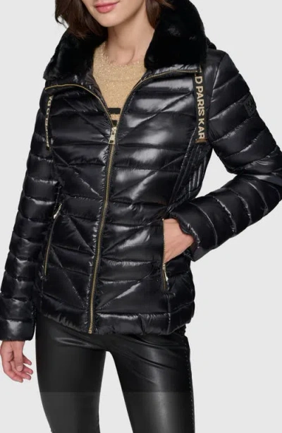 Karl Lagerfeld Paris Faux Fur Collar Quilted Puffer Jacket In Black