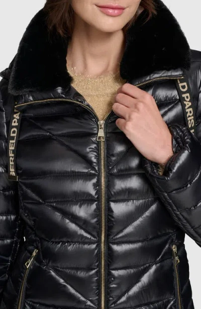 Karl Lagerfeld Paris Faux Fur Collar Quilted Puffer Jacket In Black
