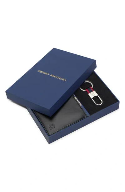 Brooks Brothers Leather Wallet & Key Chain Set In Black