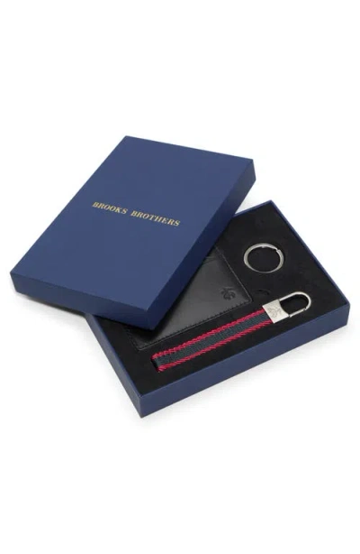 Brooks Brothers Leather Card Case & Key Chain Set In Black