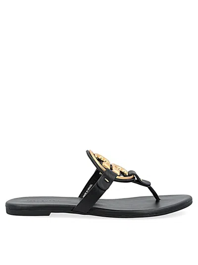 Tory Burch Leather Miller Sandals Flat Sole Open Toe In Black