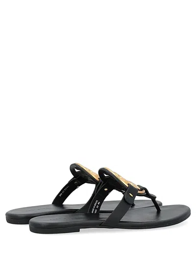 Tory Burch Leather Miller Sandals Flat Sole Open Toe In Black