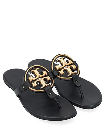 Tory Burch Leather Miller Sandals Flat Sole Open Toe In Black
