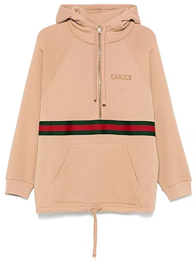 Gucci Beige Hoodie With Logo Lettering On The Front And Web Detail On The Front In Cotton Woman In Animal Print