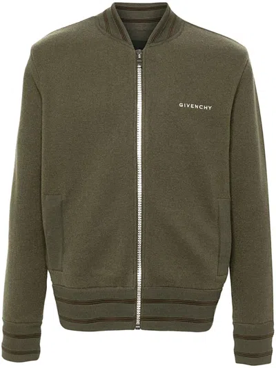 Givenchy Green Sweatshirt With Bomber Collar And 4g Logo In Wool Man In Green