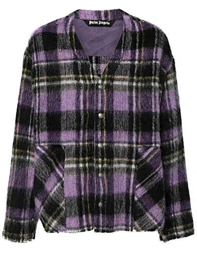 Palm Angels Over Shirt In Violet Check Wool In Multi