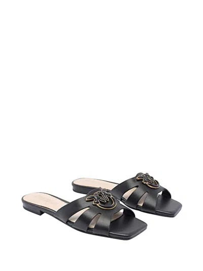 Pinko Black Nappa Slippers With Perforated Details In Black
