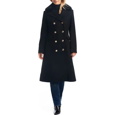 Vince Camuto Double Breasted Wool Blend Coat With Removable Faux Fur Collar In Black