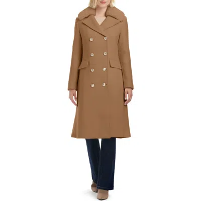 Vince Camuto Double Breasted Wool Blend Coat With Removable Faux Fur Collar In Brown