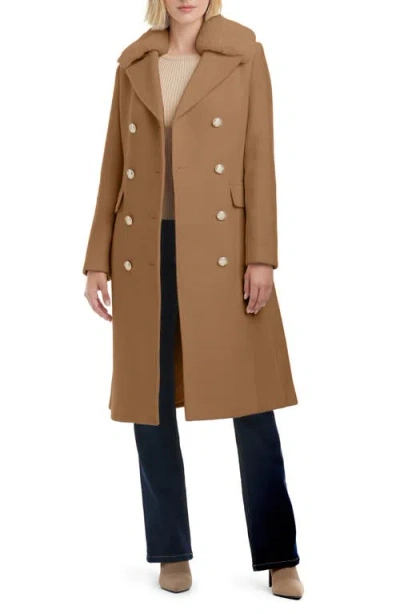 Vince Camuto Double Breasted Wool Blend Coat With Removable Faux Fur Collar In Brown