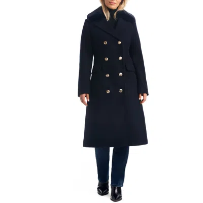 Vince Camuto Double Breasted Wool Blend Coat With Removable Faux Fur Collar In Blue