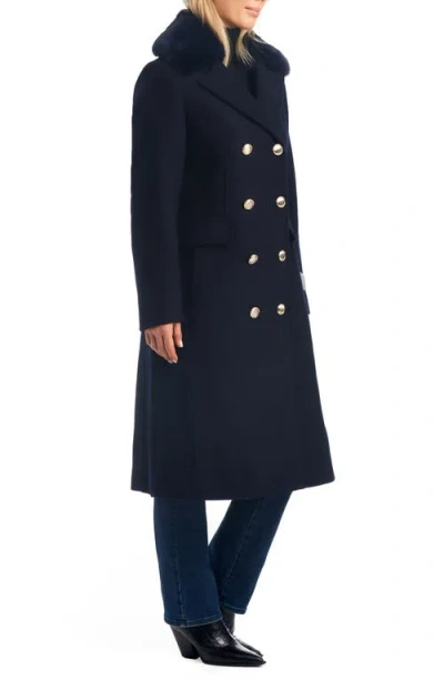 Vince Camuto Double Breasted Wool Blend Coat With Removable Faux Fur Collar In Blue
