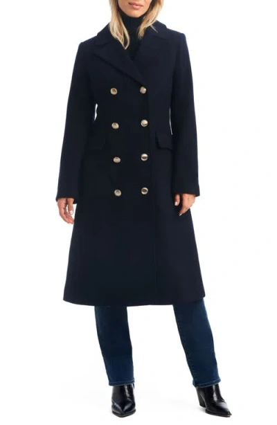 Vince Camuto Double Breasted Wool Blend Coat With Removable Faux Fur Collar In Blue