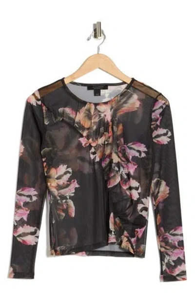 Allsaints Elia Ruched Long Sleeve Mesh Top In Multi