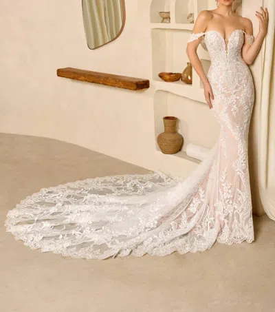 Ivoire By Kitty Chen Madeline Lace Fit And Flare Gown In Ivory/toffee In White