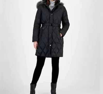 Michael Kors Women's Quilted Down Faux Fur Long Puffer Coat In Black In Black