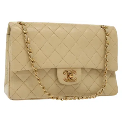 Pre-owned Chanel Vintage Square Classic Double Flap Bag Quilted Leather Leather Shoulder Bag Bag () In Sand
