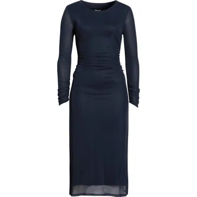 Madewell Long Sleeve Ruched Mesh Midi Dress In Blue
