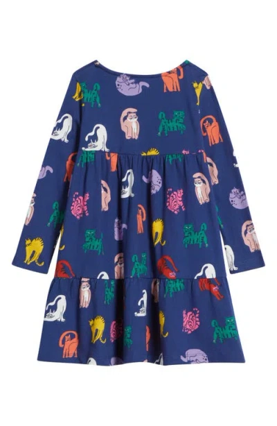 Mini Boden Kids' Ariel Twirly Cat Print Long Sleeve Cotton Jersey Dress In Blue