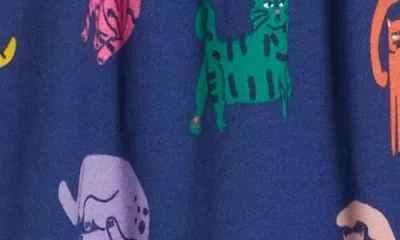 Mini Boden Kids' Ariel Twirly Cat Print Long Sleeve Cotton Jersey Dress In Blue
