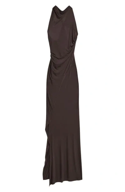 Helmut Lang Wind Ruched Jersey Maxi Dress In Brown
