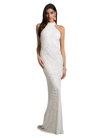 Lara New York Lattice-beaded Halter Neck Sheath Wedding Gown In White