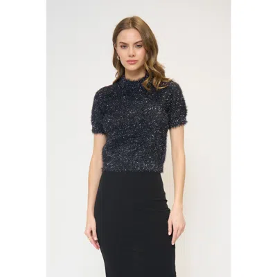 Central Park West Colette Eyelash Lurex Cap Slv Crew In Black