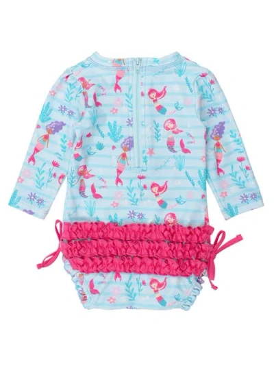 Rufflebutts Baby Girls Mermaid Long Sleeve Upf50+ One Piece Rash Guard In Blue