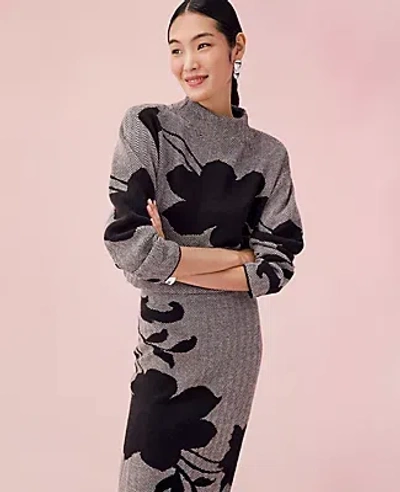 Ann Taylor Petite Herringbone Floral Jacquard Sweater In Black