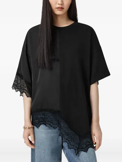 Allsaints Womens Black Lenny Round-neck Lace-embroidered Cotton T-shirt