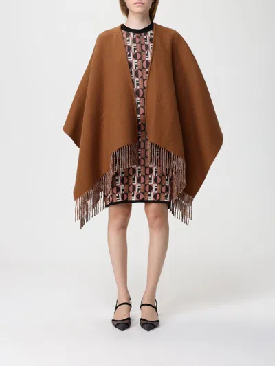 Fendi Women Biscuit Wool Blend Reversible Cape In Brown