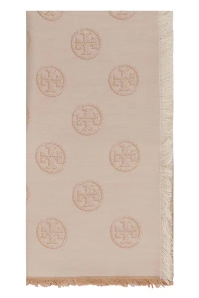 Tory Burch Traveller Logo-print Scarf In Neutral