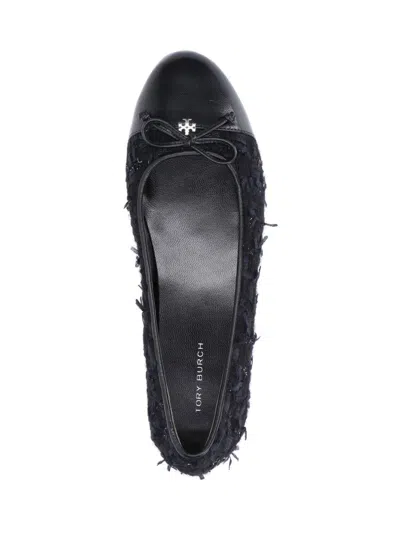Tory Burch Round Toe Ballerina Shoes With Bow Detail In Black