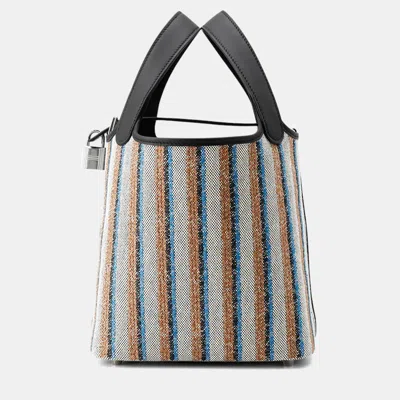 Pre-owned Hermes Picotin Lock 18 Blanket Black /ecru/fauve/blue Zanzibar Toile H Swift Leather Bag In Multi
