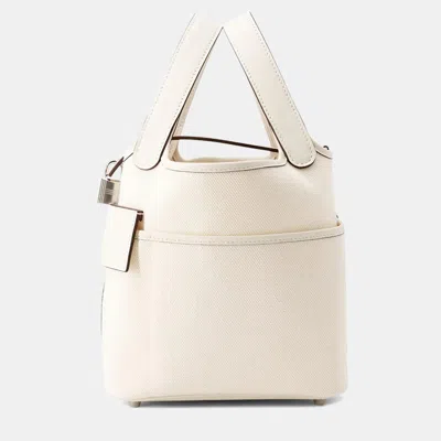 Pre-owned Hermes Picotin Lock 18 Cargo Nata Swift Leather Toile Goelan Bag In White