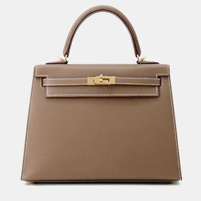 Pre-owned Hermes Kelly Sellier Size 25 Verso Etoupe/bamboo Vomadam Bag In Brown