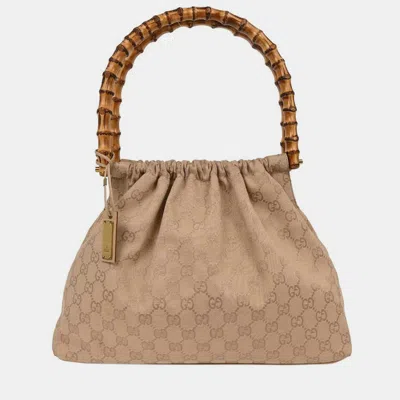 Pre-owned Gucci Beige Canvas Bamboo Gg Handbag In Sand