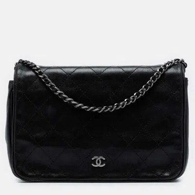 Pre-owned Chanel Black Cc Quilted Lambskin Full Flap Wallet On Chain