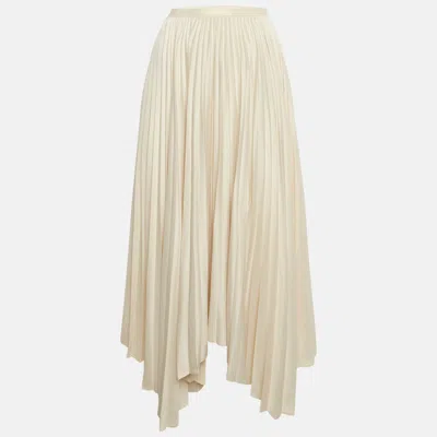 Pre-owned Polo Ralph Lauren Beige Satin Plisse Asymmetric Midi Skirt L In Sand