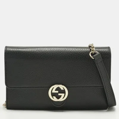 Pre-owned Gucci Black Leather Interlocking G Wallet On Chain