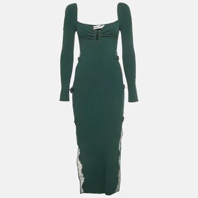 Pre-owned Self-portrait Deep Green Lace Inserts Rib Knit Midi Dress S