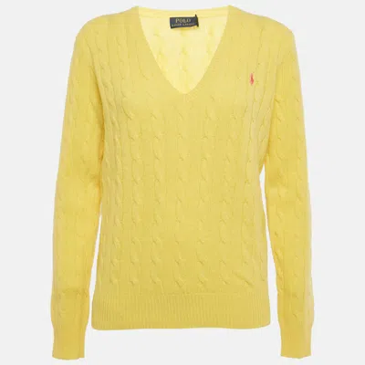 Pre-owned Polo Ralph Lauren Yellow Logo Embroidered Cable Knit Sweater L