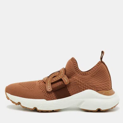 Pre-owned Tod's Brown Knit Fabric Chain Detail Kate Slip On Sneakers Size 37