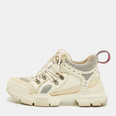 Pre-owned Gucci White/grey Leather And Mesh Flashtrek Lace Up Sneakers Size 37