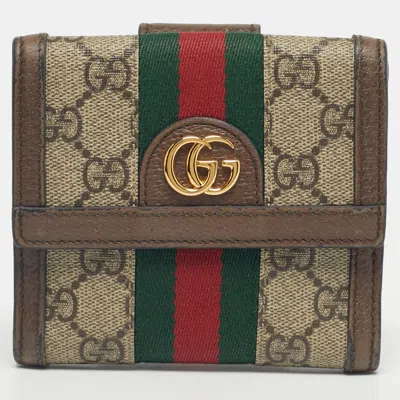 Pre-owned Gucci Beige/ebony Gg Supreme Canvas And Leather Ophidia French Wallet In Sand