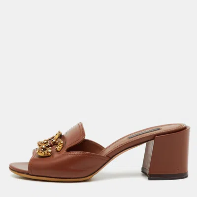 Pre-owned Dolce & Gabbana Brown Leather Dg Amore Block Heel Slide Sandals Size 38